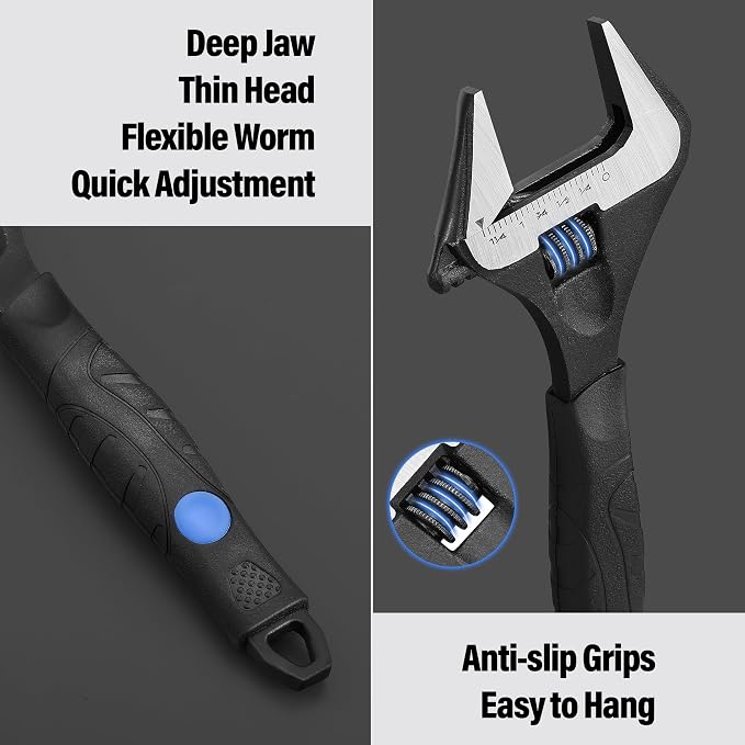 MAXPOWER 8-inch Wide Jaw Adjustable Wrench, 1.6" Jaw Opening, Soft Grips | Stubby Plumbing Wrench, Cr-V Steel, Smooth Jaws
