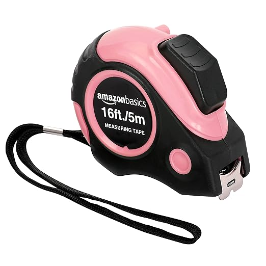 Amazon Basics Retractable Tape Measure with Metric and SAE Measurements, 16ft/5m, Belt Clip, Readable, Pink