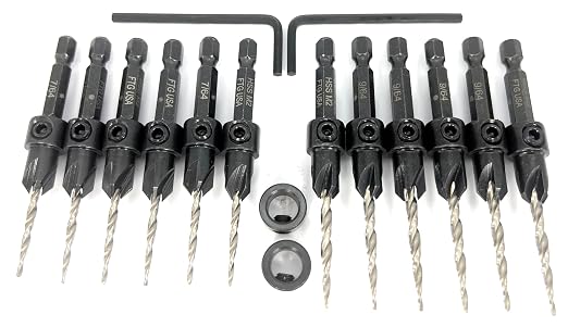 FTG USA Countersink Drill Bit Set 6 Pc #4 (7/64"), 6 Pc #6 (9/64") Tapered Countersink Bit, Stop Collar, Hex Wrench, Woodworking Countersink Drill Bits