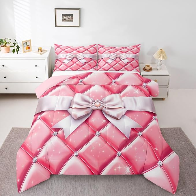 Feelyou Bow Comforter Set All Season Geometry Bowknot Bedding Set with 2 Pillow Cases Glitter Microfiber Kids Full Bedclothes Bedroom Decor Duvet Quilt Breathable Soft Lightweight