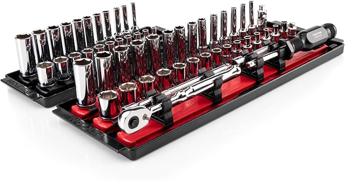 TEKTON 1/4 Inch Drive 6-Point Socket and Ratchet Set with Rails and Trays, 57-Piece (5/32-9/16 in., 4-15 mm) | SKT03301