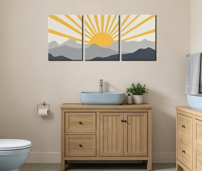 Frimeeme Modern Boho Sun Canvas Wall Art, Set of 3, Yellow and Gray Mountain Sunrise, 12x16 Inch Each, Framed