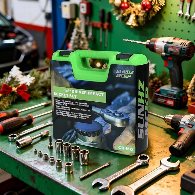 SUNHZMCKP 1/2" Drive Deep 6-Point Impact Socket Set, 8-Piece Standard SAE Spindle Axle Nut Impact Socket Set, Cr-Mo, 1-1/4-Inch to 1-3/4-Inch Size