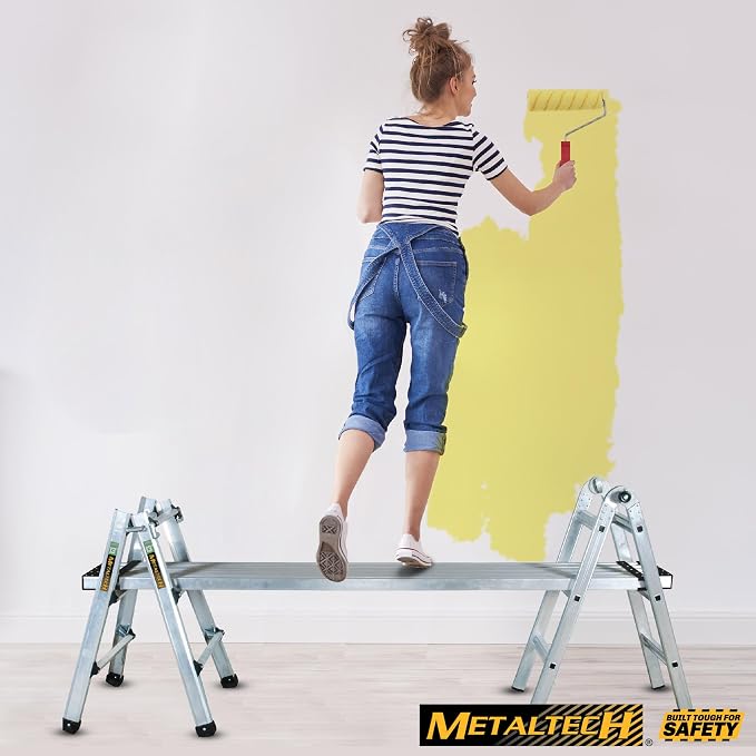 Metaltech E-MTL7000AL Jobsite Series 14-ft.-Reach Aluminum Telescoping Multi-Position Step Ladder for Home Improvement and Construction, Multipurpose Extension Ladder, Step Ladder, Scaffolding Support