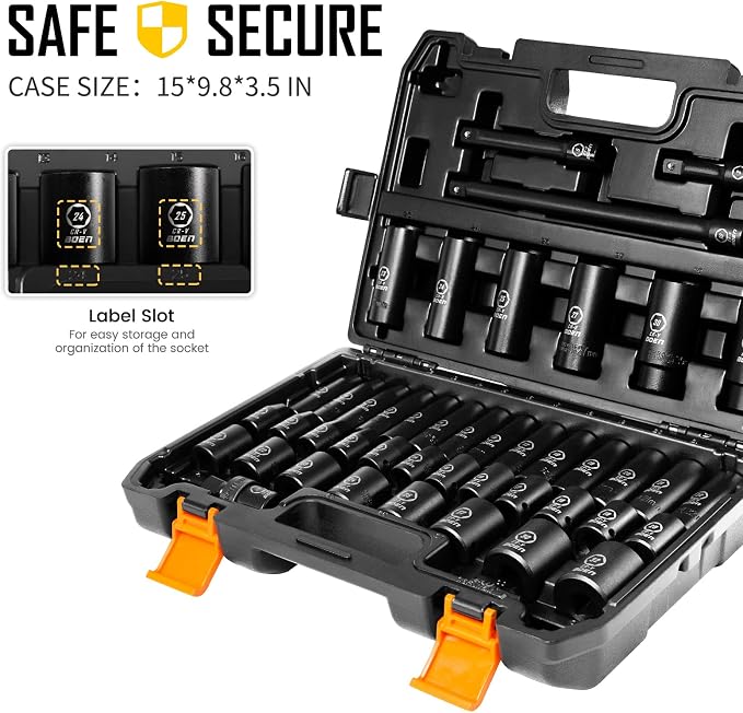 BOEN 1/2" Drive Impact Socket Set, 45 Piece Deep & Shallow Metric Socket Set 9mm to 32mm, Includes 3" 5"10" Extension Bars, Universal Joint, Adapter, 6 Point Design, Cr-V Steel, Meets ANSI Standards