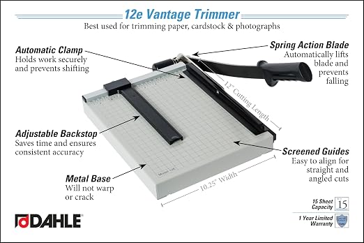 Dahle 12e Vantage Paper Trimmer, 12" Cut Length, 15 Sheet, Automatic Clamp, Adjustable Guide, Metal Base with 1/2" Gridlines, Guillotine Paper Cutter