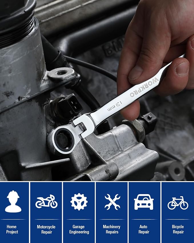 WORKPRO 13 mm Ratcheting Combination Wrench, Mirror Polish Chrome Plating (Pack of 2)