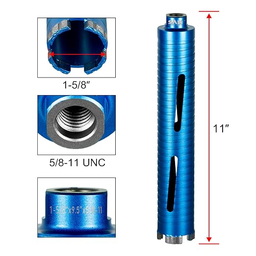 SALI Diamond Core Drill Bits 1 5/8" Diameter 10"/254mm Drilling Depth 5/8-11" Thread Core Bit Turbo Laser-Welded Segments for Cured Concrete with, Brick, Block, Masonry, with Two Adapters