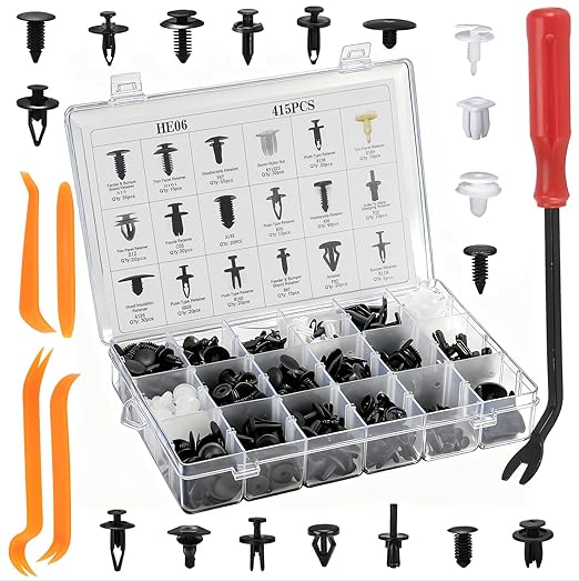 415PCS Car Retainer Clips Kit with 5PCS Trim Removal Tools – Universal Plastic Fastener Assortment Set for Auto Door Panel, Bumper, Fender, Engine Cover – Fits Most Vehicles