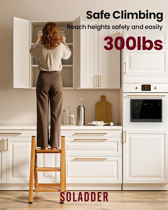 SOLADDER 3 Step Ladder, Folding Aluminum 3 Step Stool with Anti-Slip Wide Sturdy Pedal, Multi-Use for Home and Kitchen Use, Space Saving-Woodgrain(300 lbs Capacity)