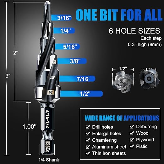 Four Spiral Flute M35 Step Drill Bit Set 3/16"-1/2"(6 Sizes), 1/4" Shank for Metal Step Drill bit, Impact Resistant Cobalt Step Drill Bit, for Stainless Steel, Wood, Aluminum, Plastic