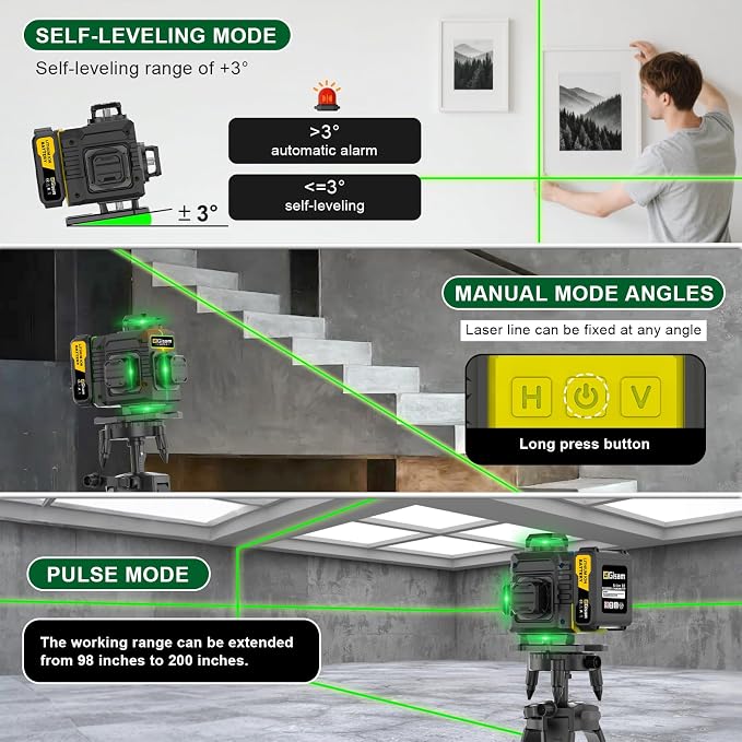 Gisam Laser Level with Tripod- 360° Rotating Window, Lazer Leveler Tool with Pulse Mode, 4D 16-Line Self Leveling Green Lazer Level with 2 * 4800mAh Batteries for Construction Tiling Home Renovation