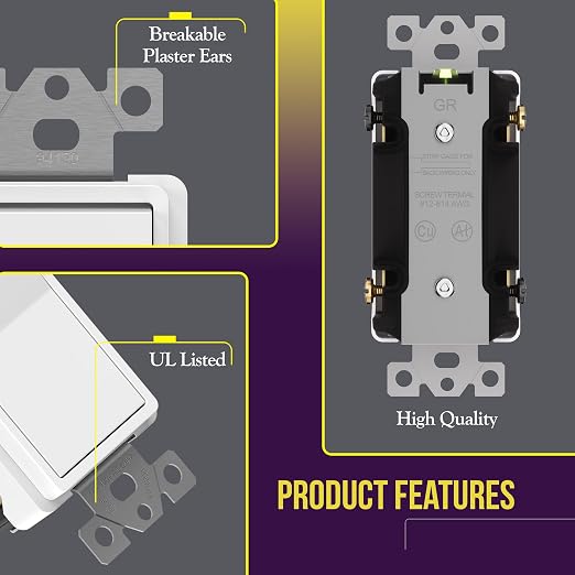 ENERLITES 4-Way Decorator Paddle Rocker Light Switch, Clamp Down Wiring, Grounding Screw, Residential Grade, 15A 120V/277V, UL Listed, 94150-W, White