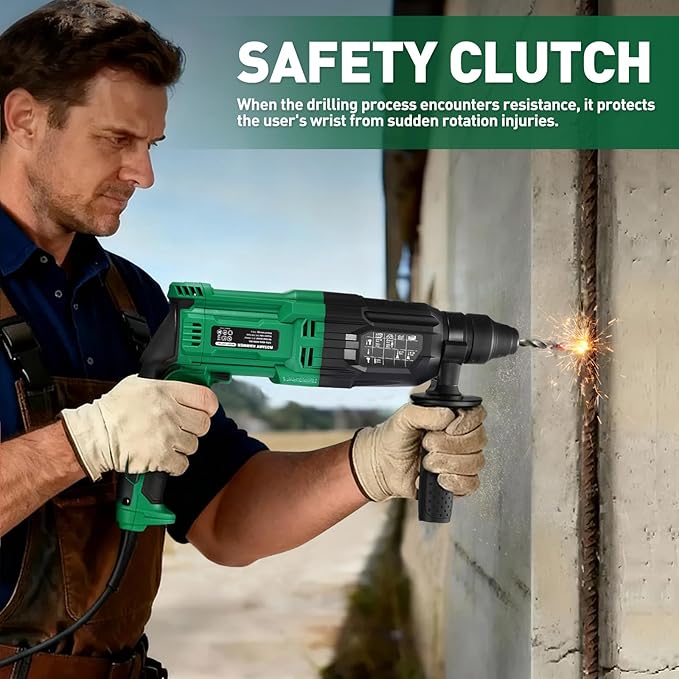 1 Inch SDS-Plus Rotary Hammer Drill, 8Amp, 3.0J 4 Functions Variable Speed Hammer Drill with Safety Clutch for Concrete Demolition Chipping,3 Drill Bits, 2 Chisels, 1 Adapter