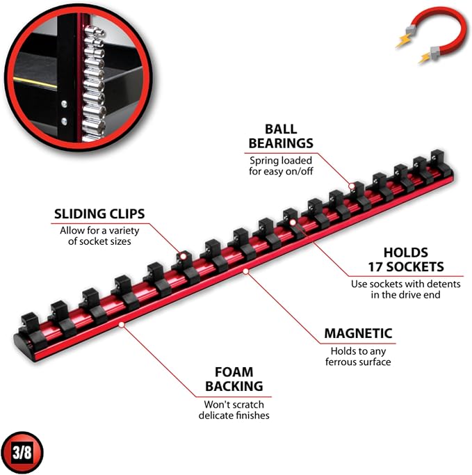 Performance Tool W38003 3/8 in. Drive Magnetic Socket Rail Organizer | Holds up to 17 sockets. Rare earth magnets hold to ferrous surfaces. Spring-loaded clips. EVA foam backing