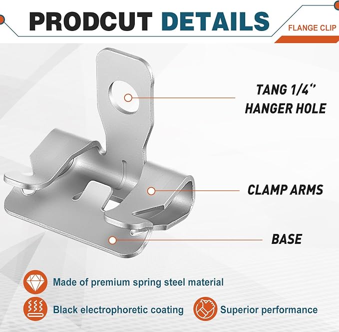 Hicarer 50 Pcs Hammer-on Flange Clip Side Mount 1/8-1/4 Inch Beam Clamp with Hole Cable Clip for Flanges Spring Steel(Sliver)