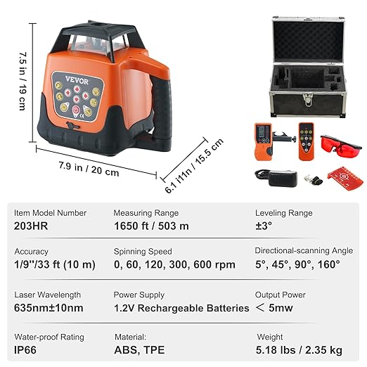 VEVOR Rotary Laser Level 1650ft,360 Degree Self Leveling Red Cross Line Laser,5 Rotation Speeds&4 Scanning Angles Adjustment,IP66 Waterproof Remote Control Manual Self-leveling Mode,Battery Included