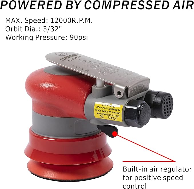 Pneumatic random orbital sander 3-inch light weight palm sander 3/32" (2.5 mm) diameter orbit 12000 RPM with extra backing pad and 12pcs sandpaper