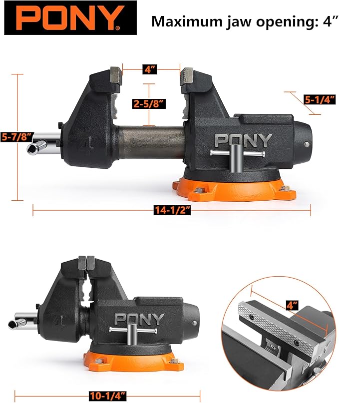 PONY 4 Inch Heavy Duty Bench Vise 4400LBS Clamping Force, Pro Workshop Workbench Vise with 360-Degree Rotatable Base and Anvil, 4-Inch Jaw Opening and Width for Woodworking, Drilling, Pipe Cutting