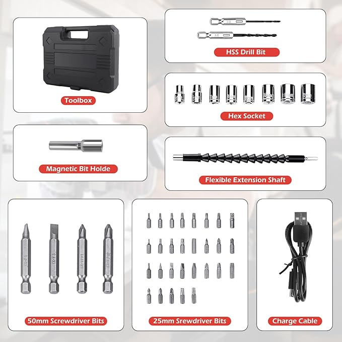 Power Screwdriver Cordless, JENABOM Screwdriver Bits Set Rechargeable, 3.6V Li-ion 3.5N·m Max Torque Electric Rotatable Drill Screwdriver for Home Improvement DIY Project, 47 Pcs