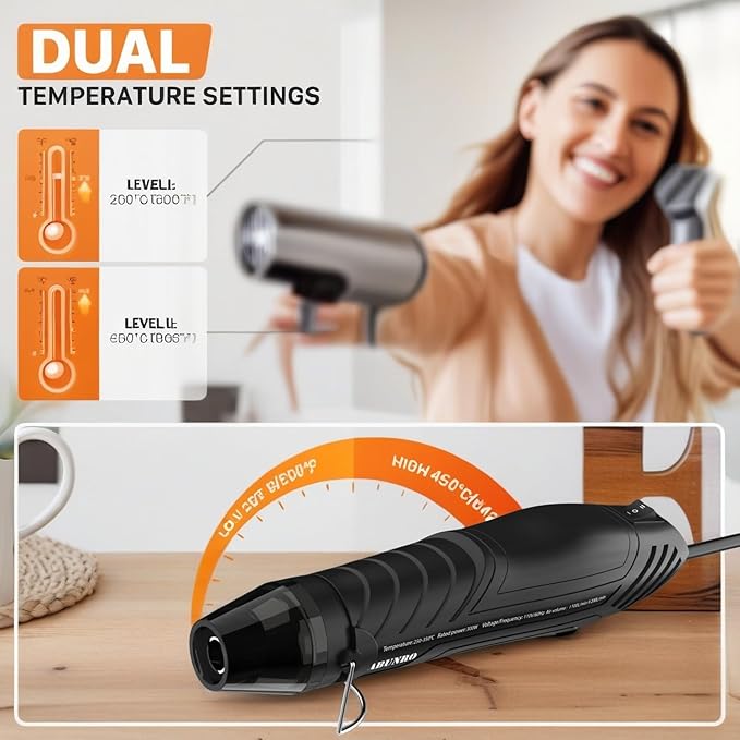 Mini Heat Gun, 2-Temp Settings 482℉ & 662℉（250℃& 350℃), 6.6FT Long Cable Fast Heat Hot Air Gun Tool with Reflector Nozzle, Overload Protection for Crafting (Mini Heat Gun)