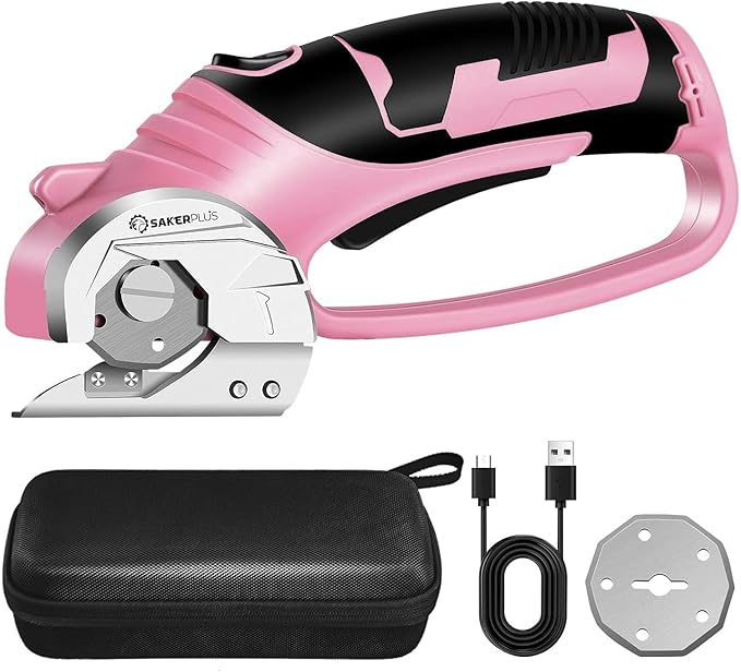 SakerPlus Cordless Electric Scissors,4V Rechargeable Cardboard Box Cutter Heavy Duty Fabric Scissor with Safety Lock & LED Light,Power Rotary Cutter for Leather Carpet Plastic Cutting,Sewing,Crafting