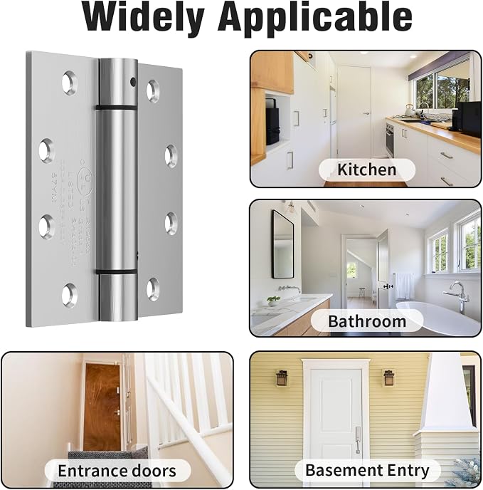 3 Pack Self Closing Door Hinges, 4.5 Inch Spring Loaded Door Hinges with Square Corners, Adjustable Tension for Garage, Front, Back Door, UL Listed, Left and Right Hand