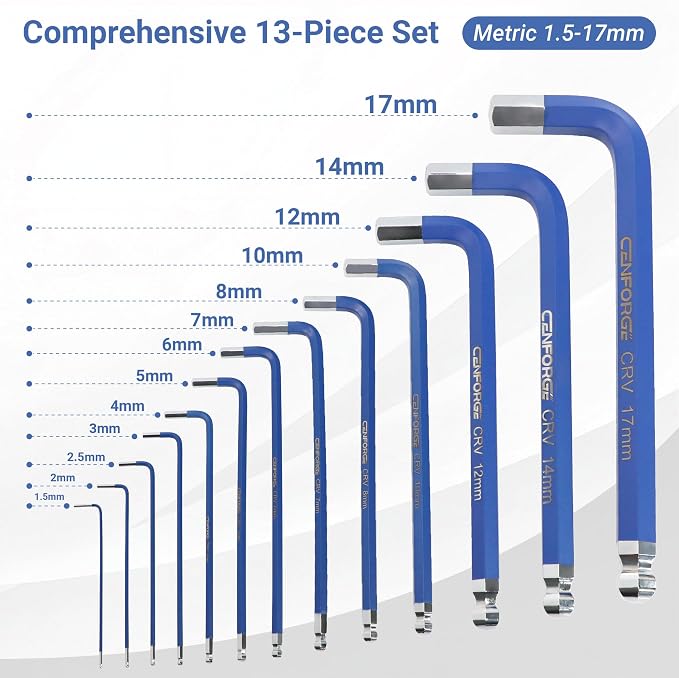 13-Piece Jumbo Metric Hex Key Set (1.5mm – 17mm) – Extra Long Arm Ball End Allen Wrenches – Heavy Duty CR-V Steel L-Keys for Automotive, Industrial & Machinery Repair
