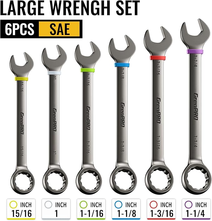GRENPRO 15/16"-1-1/4" Large SAE Wrench Set, Combination Open End Tool Sets | Long Wrench Tool Set, 15-Degree Offset, 12-Point Box-End & Roll-Up Pouch With Gauge, Nickel Plated CR-V, Convenient Storage