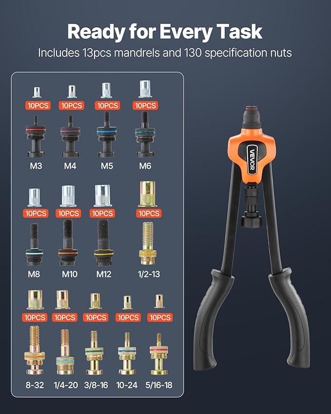 VEVOR Rivet Nut Tool Kit, 17-Inch Rivnut Tool Kit, with 13 Mandrels and 130 Nuts, Metric and SAE Size M3, M4, M5, M6, M8, M10, M12, 1/2-13, 8-32, 10-24, 1/4-20, 5/16-18, 3/8-16 UNC, a Carrying Case