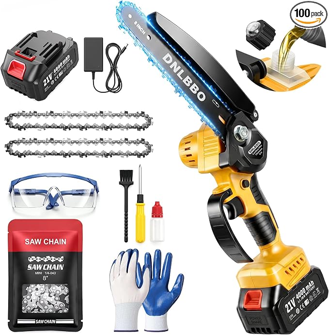 Mini Chainsaw Cordless, 8 IN Brushless Electric Chainsaw for Wood Cutting | 1*4000mAh Battery, Auto Oiler, 1000W Powerful Handheld Chain Saw for Branch Trimming, Garden Tools Gift for Men Dad Husband