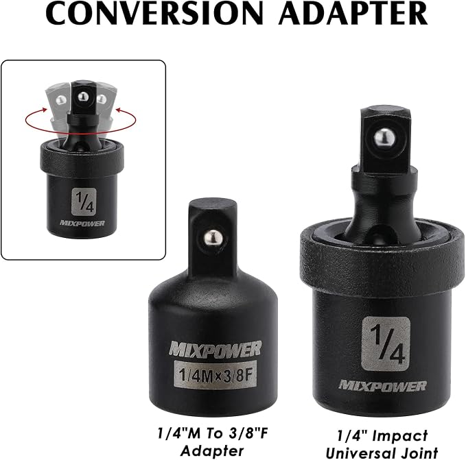 MIXPOWER 55 Pieces 1/4" Dr. Impact Socket Set, CR-V, 6 Point, SAE/Metric, 5/32 Inch - 9/16 Inch, 4mm - 15mm, Shallow/Deep, Including Adapter, Extension, Universal Joint