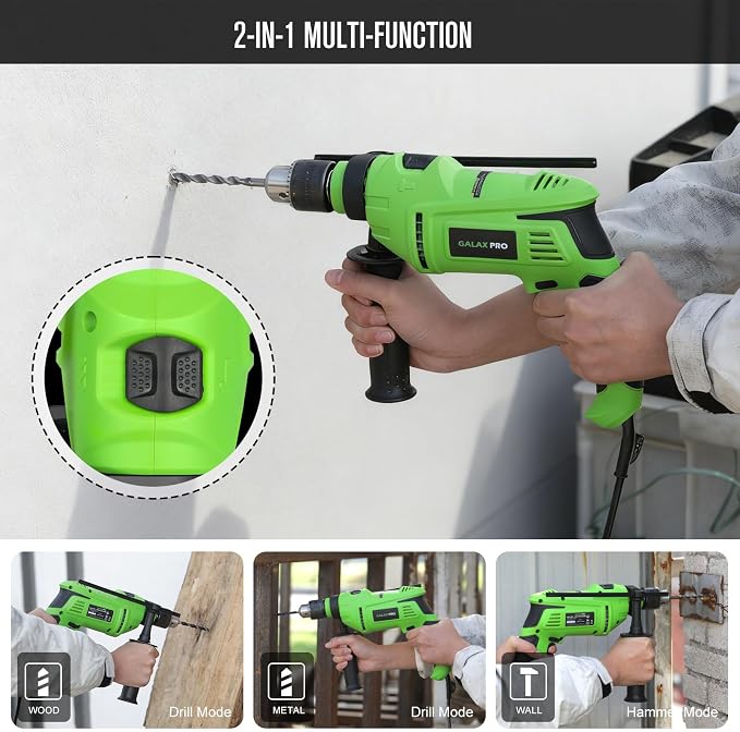 GALAX PRO 7Amp 850W 2-in-1 Hammer Drill, 0-3000 RPM, 13 mm Metal Chuck, 360° Adjustable Auxiliary Handle, Comes with 13 Accessories, Suitable for Concrete, Metal, and Wood
