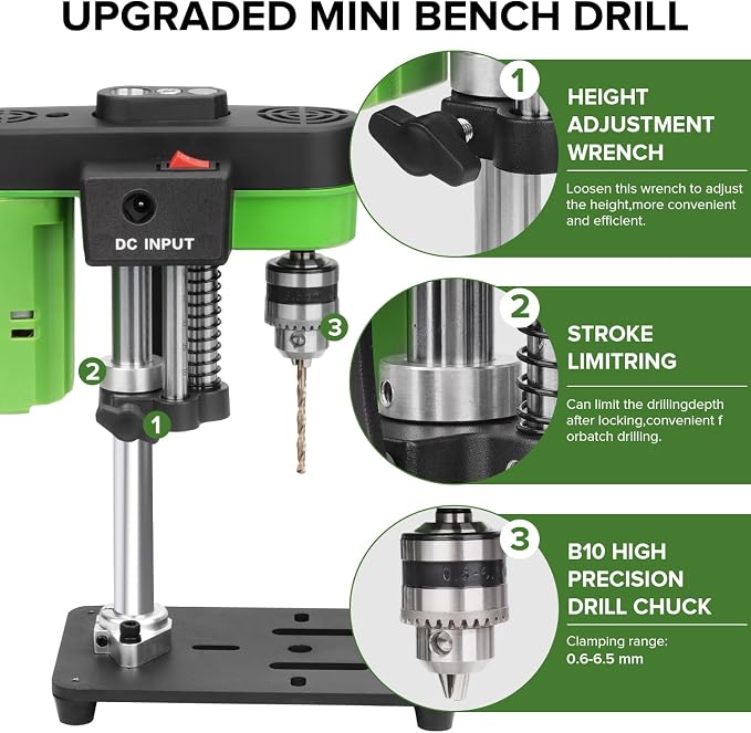 Mini Bench Drill Press,Small Benchtop Drill Press,Two Power Supply Modes,High Precison Low Noise,Compact Benchtop Drilling Machine, DIY Jewelry Making, Metal Wood Working