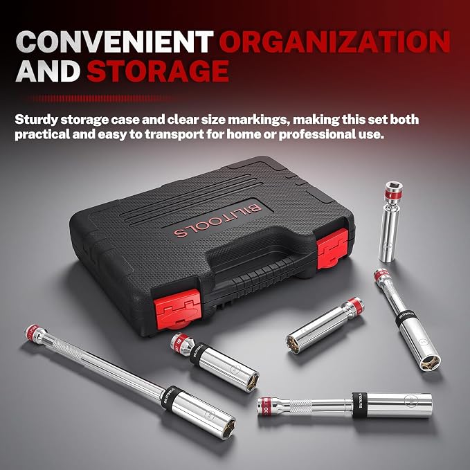 BILITOOLS 7pcs Magnetic Swivel Spark Plug Socket Set & Gap Tool, 3/8" Drive | 9/16,5/8,14,16mm Magnetic Swivel Sockets in 6 & 12-Point, Plus Gap Tool & Case — CR-V Steel, Rust-Resistant