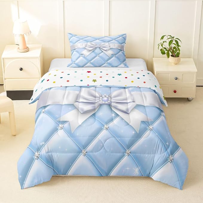 Feelyou Cute Blue Bow Bedding Set Soft for Boys Girls, Geometry Bowknot Comforter Set Toddler Size Glitter Duvet Quilt Microfiber Bedroom Decor 2 Pcs with 1 Pillow Cases