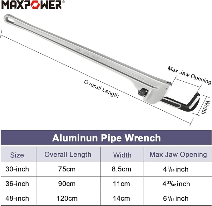 MAXPOWER 48-inch Pipe Wrench, 6.1" Jaw Opening, Large Plumbing Wrench | Aluminum Straight Heavy Duty Pipe Wrench