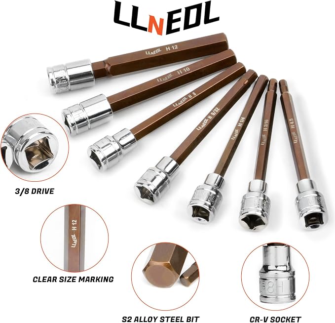LLNEDL 3/8 Inch Drive Long Allen Hex Bit Socket Set, 19-Piece Hex Head Standard SAE & Metric Sockets (1/8"-3/8", 3-12mm), S2 Alloy Steel Durable Tools for Mechanics