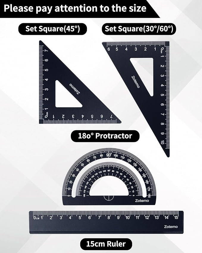 Geometry Ruler Set for Students, Metric Measurement 4-Piece Metal Math Drafting Kit with Non-Slip Design 15 cm Straightedge Ruler, 180° Protractor & 2 Triangles for School Kids (Black)