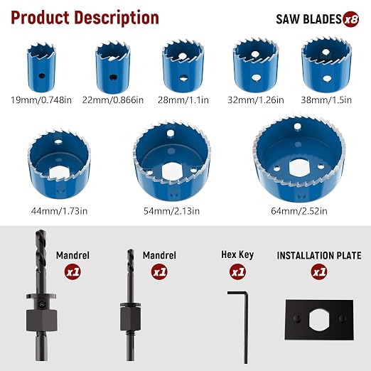 12-Piece Hole Saw Kit, Includes 8 Sizes (3/4" to 2-1/2"), Arbors, Drill Bits, and Hex Key, Ideal for Softwood, Plywood, and PVC（Blue）