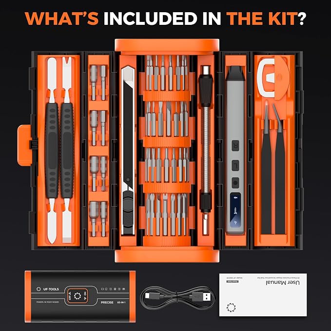 UF-TOOLS Mini Electric Screwdriver, 83 in 1 Cordless Rechargeable Small Power Screwdriver Set with 71 Bits, Led Light and Magnetic Mat, Professional Repair Tool for Phone Camera Laptop PC, Orange