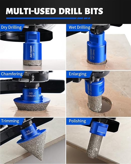 DAYDOOR Diamond Hole Saw Kit, 13-Piece Tile Hole Saw Kit 1/4" 5/16" 4/5" 1" 1-3/8" 2" 3" 4",Vacuum Brazed Core Drill Bits for Porcelain Tile, Granite, Marble, Stone(Blue)