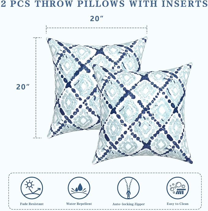 LVTXIII Outdoor Throw Pillows, Decorative Throw Pillows with Inserts, 20"x20" Square Pillows for Bed, Couch, Sofa and Patio Furniture, Set of 2, Boho Geometry Blue