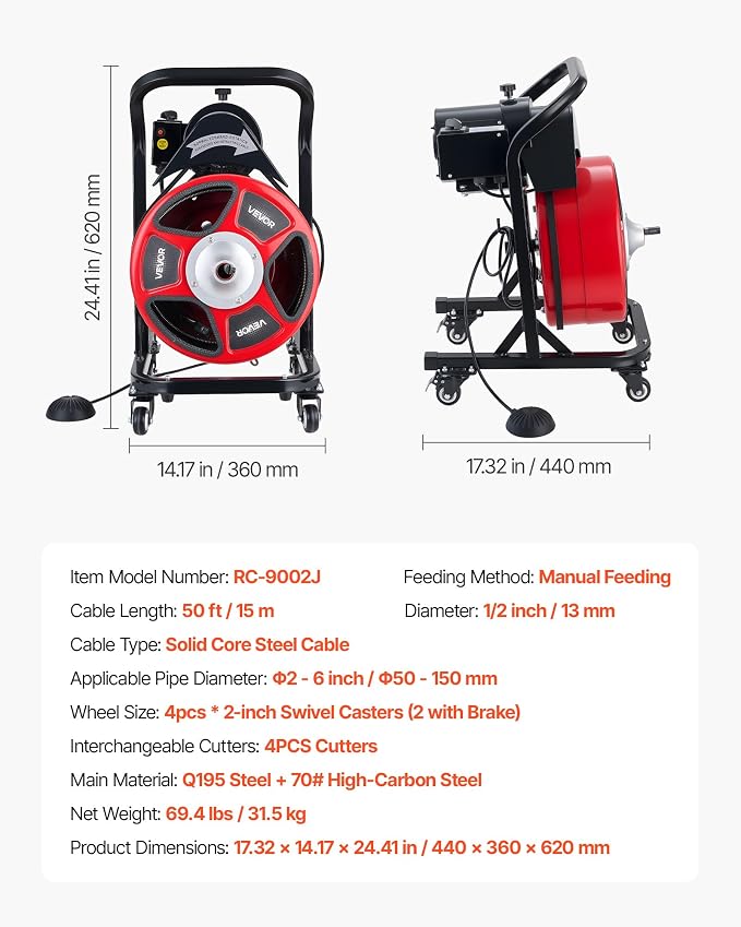 VEVOR Drain Cleaner Machine 50 FT x 1/2 Inch, Manual Feed Sewer Snake Auger on Wheels - with 4 Cutters & Air-activated Foot Switch for 2" to 6" Pipes