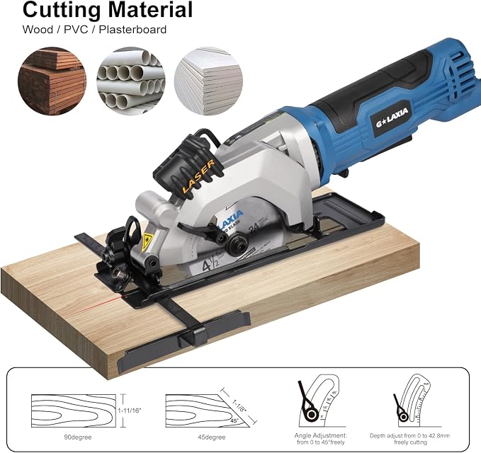 Mini Circular Saw Corded, 4A 3500RPM Compact Saw with Laser Guide, Rip Guide, Vacuum Adapter, Electric Circular Saw with 4-1/2" 24T TCT Blades for Wood, PVC, Plasterboard, Drywall
