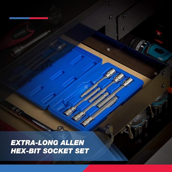 Neiko 10072A 3/8-Inch Drive Extra Long Allen Hex Bit Socket Set, SAE, 1/8-Inch - 3/8-Inch | S2 and Cr-V Steel, 7-Piece Set