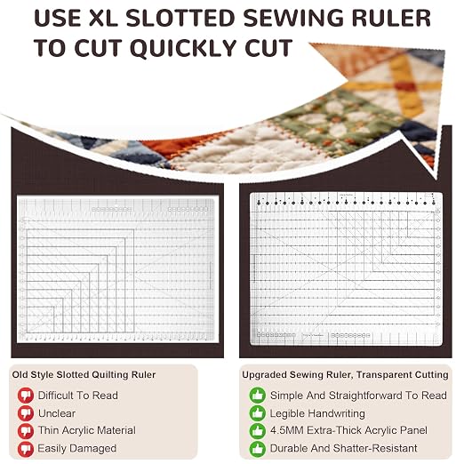 XL Slotted Quilting Ruler, 17.75 x 22in Non-Slip Precise Quilting Template, Professional Sewing Strip Ruler Acrylic for Fabric Strip, Cutting, Sewing, Crafting, Patchwork Ruler & Template