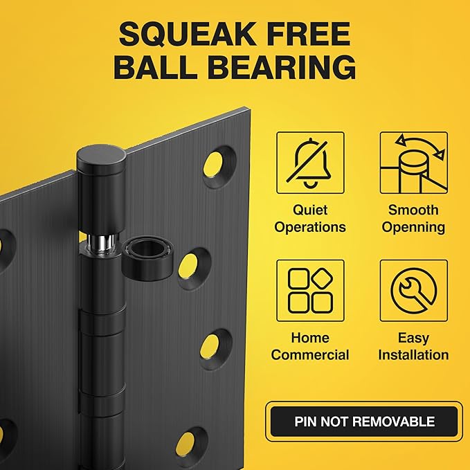 KOLET Ball Bearing Door Hinges, 4 x 4 Inches Exterior Square Door Hinges, Square Corner Heavy Duty Hinges, Commercial Grade Stainless Steel, Smooth and Non Removable Pin, Matte Black, 6 Pack