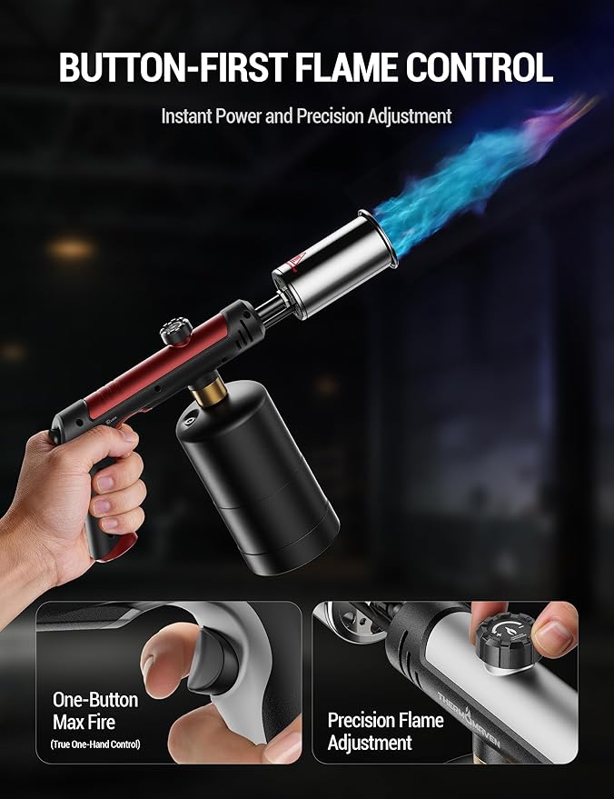 ThermoMaven Propane Torch with One-Touch Max Fire, Cooking Blow Torch Gun with Safety Lock, Charcoal Lighter, Flame Thrower, Gas Welding Kit Kitchen Food Torch Head for Grill, Sous Vide, BBQ, Red