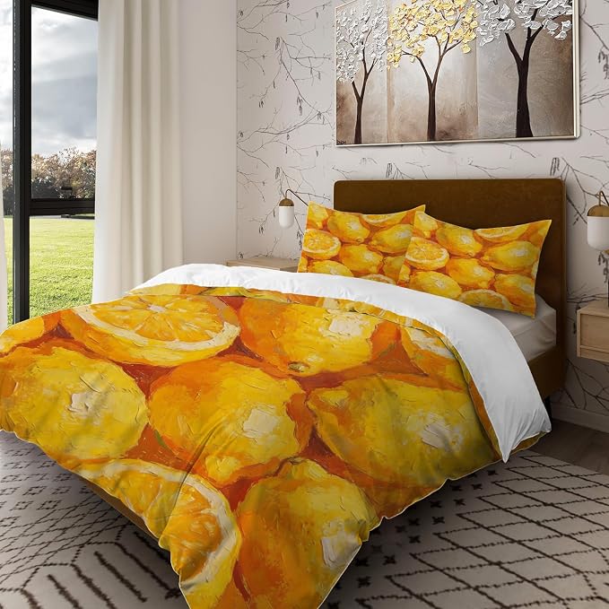 Batmerry Lemons Citrus Fruit Twin Size 100% Cotton Duvet Cover Sets, Vibrant Lemon Oil Painting Bedding Set with Zipper Closure Corner Ties, 3 Pieces (1 Cover + 2 Pillowcases No Comforter)